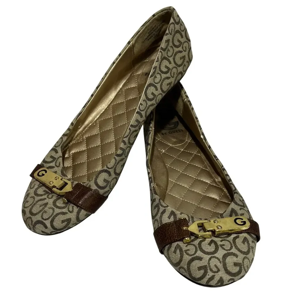 Guess flats ladies slip on casual shoes tan brown logo canvas gold buckle 9.5M